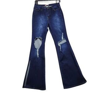 Vibe & Rant Dark Wash Flared Bell Bottom Jeans Ripped Slit Detail Size 11 W30